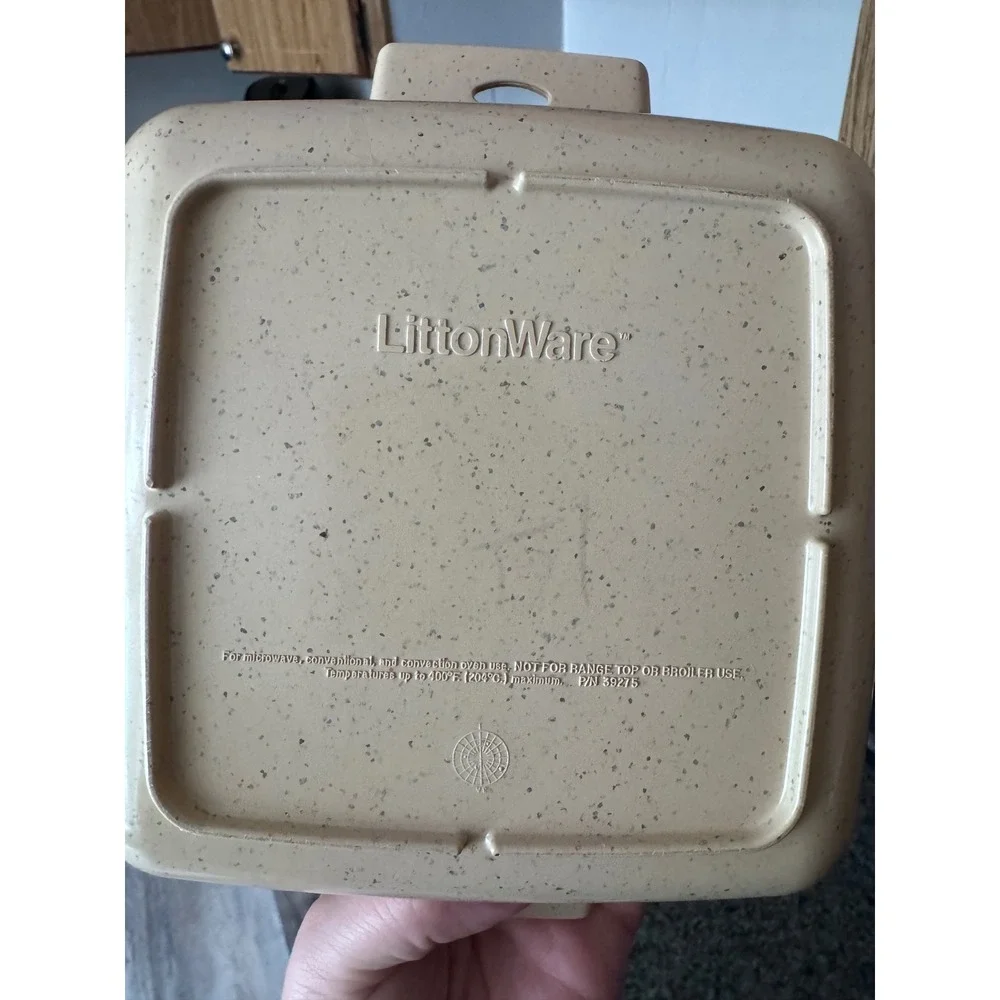 LittonWare Vintage Microwave Oven Cookware Set Tan Speckled Square Pan Lid 39274